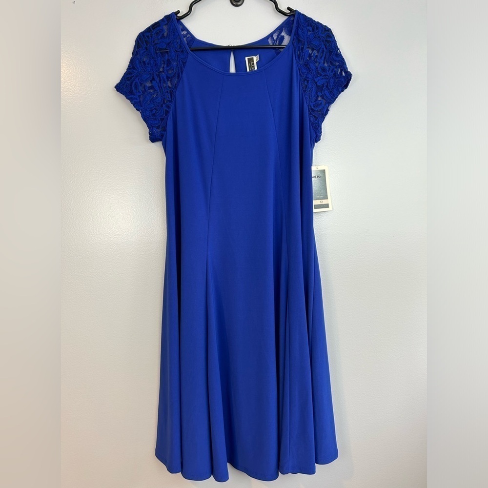 NWT Julian Taylor Royal Blue Lace Shoulder Shift Dress Size 12